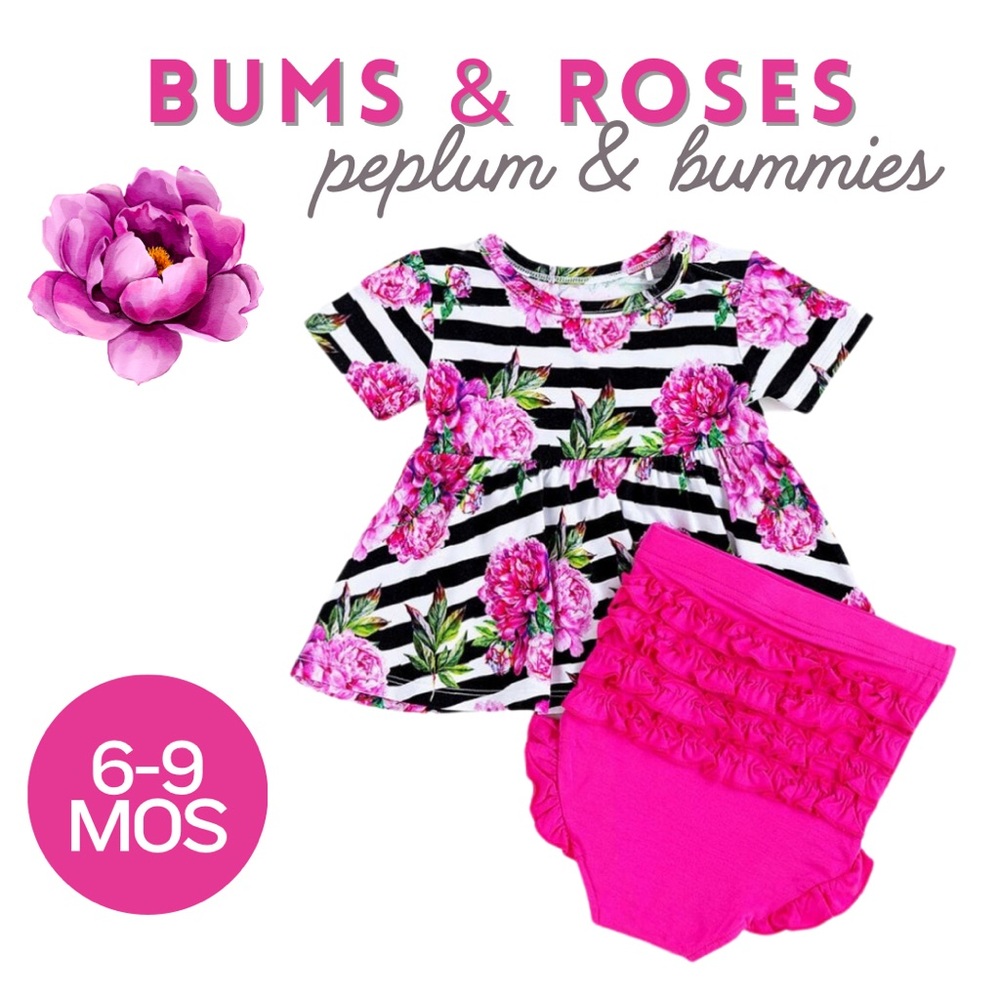 Bums & Roses Viscose Bamboo Peplum & Bummies. Size 6-9 months.
